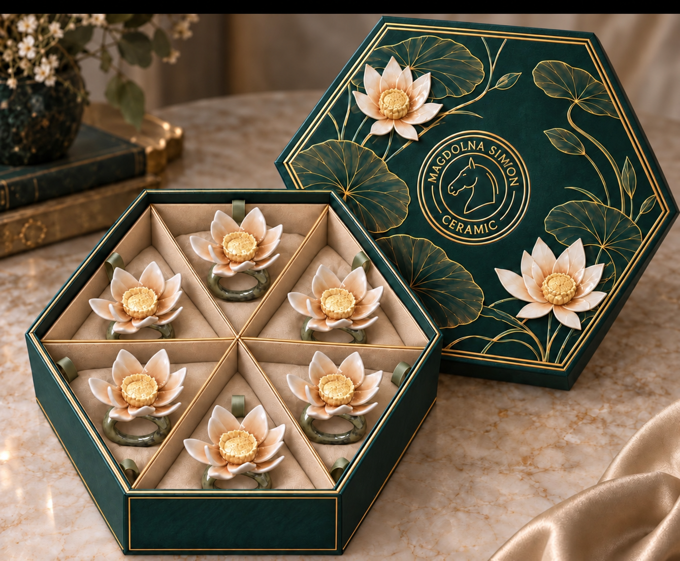 Six ceramic flower napkin rings in a green and gold gift box
