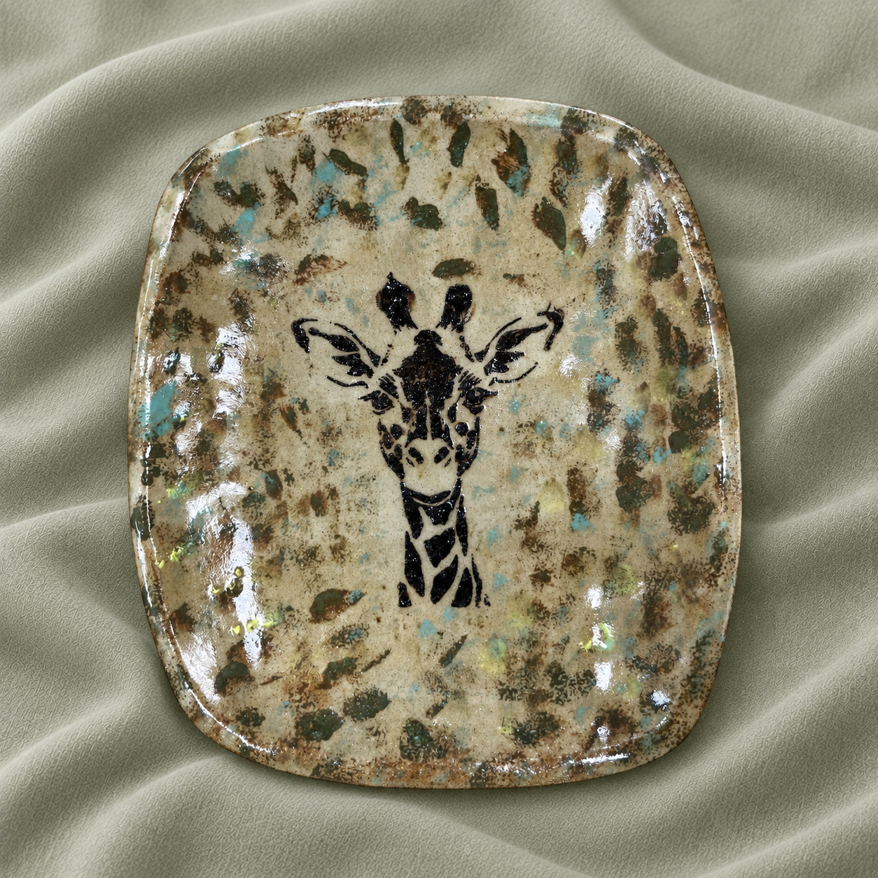 Glazed ceramic platter with a giraffe portrait