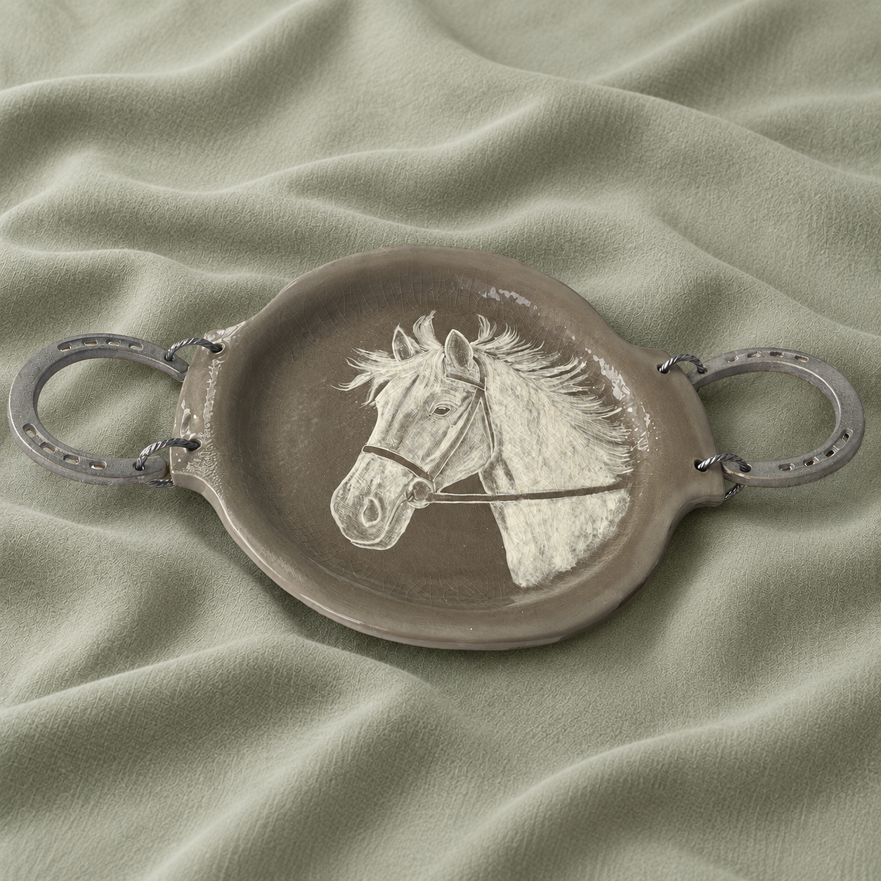 Grey ceramic tray with a white horse portrait and horseshoe handles