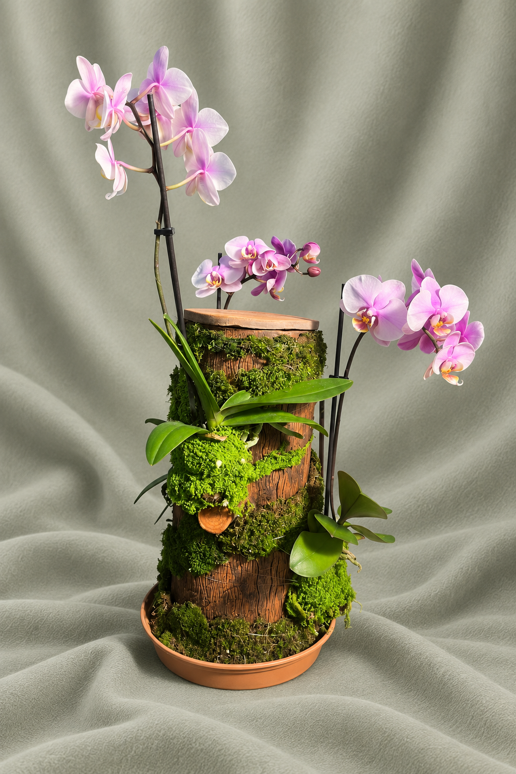 Pink orchids and green moss around a bark-textured vessel