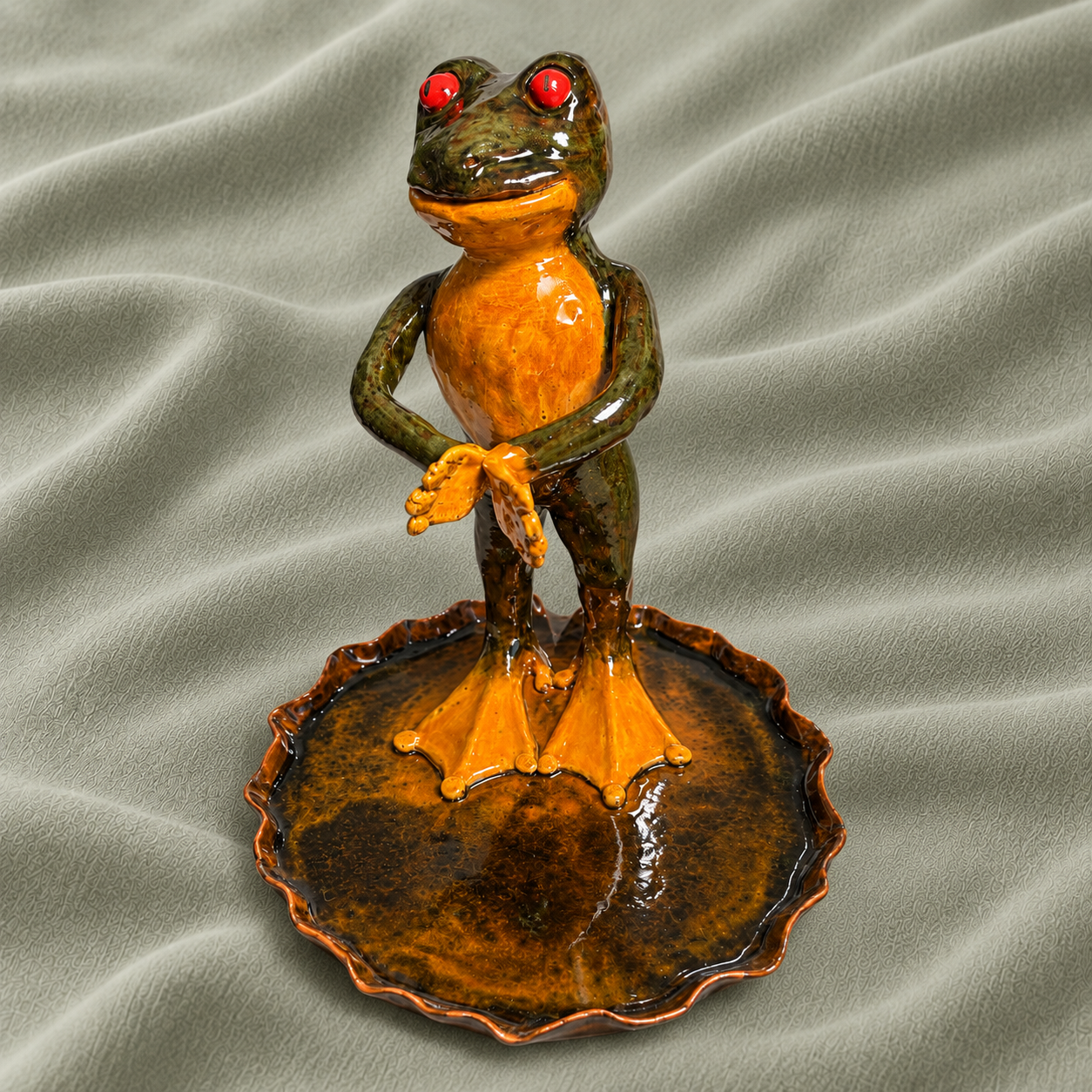 Orange and green ceramic frog on a leaf-shaped dish